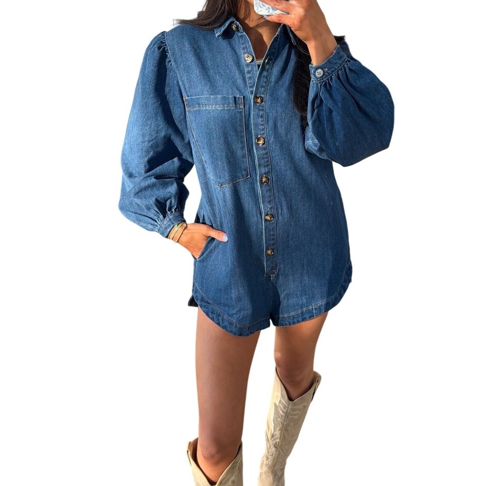 Olivaceous Denim Romper Medium Wash Blue Puff Sleeve Button Down Small